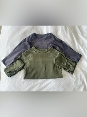Long-Sleeve Stretchy Athletic Tops in Olive Green and Grey. Size small.
